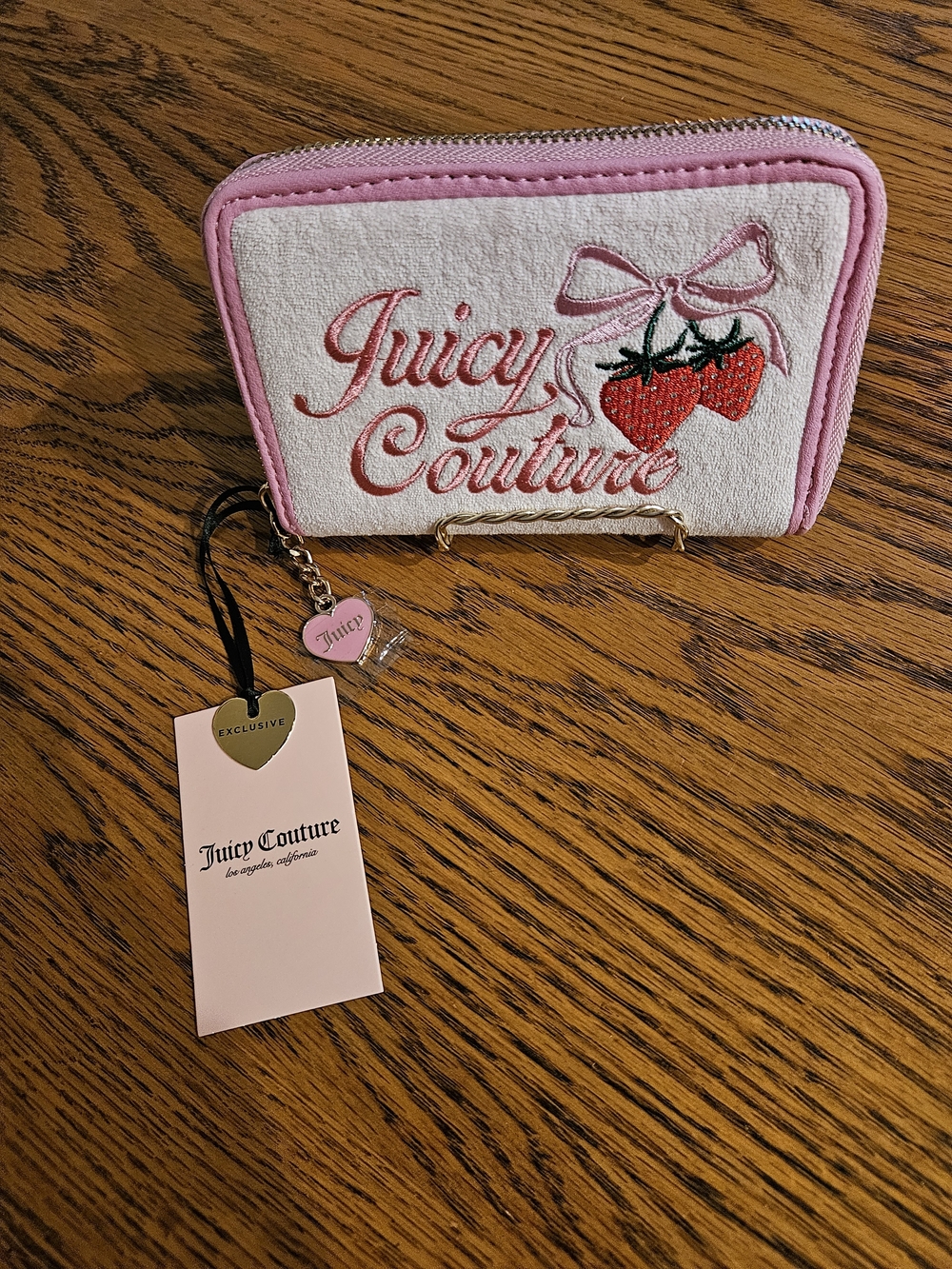 Juicy Couture Pink and White Strawberry Embroidered Zip Card Holder